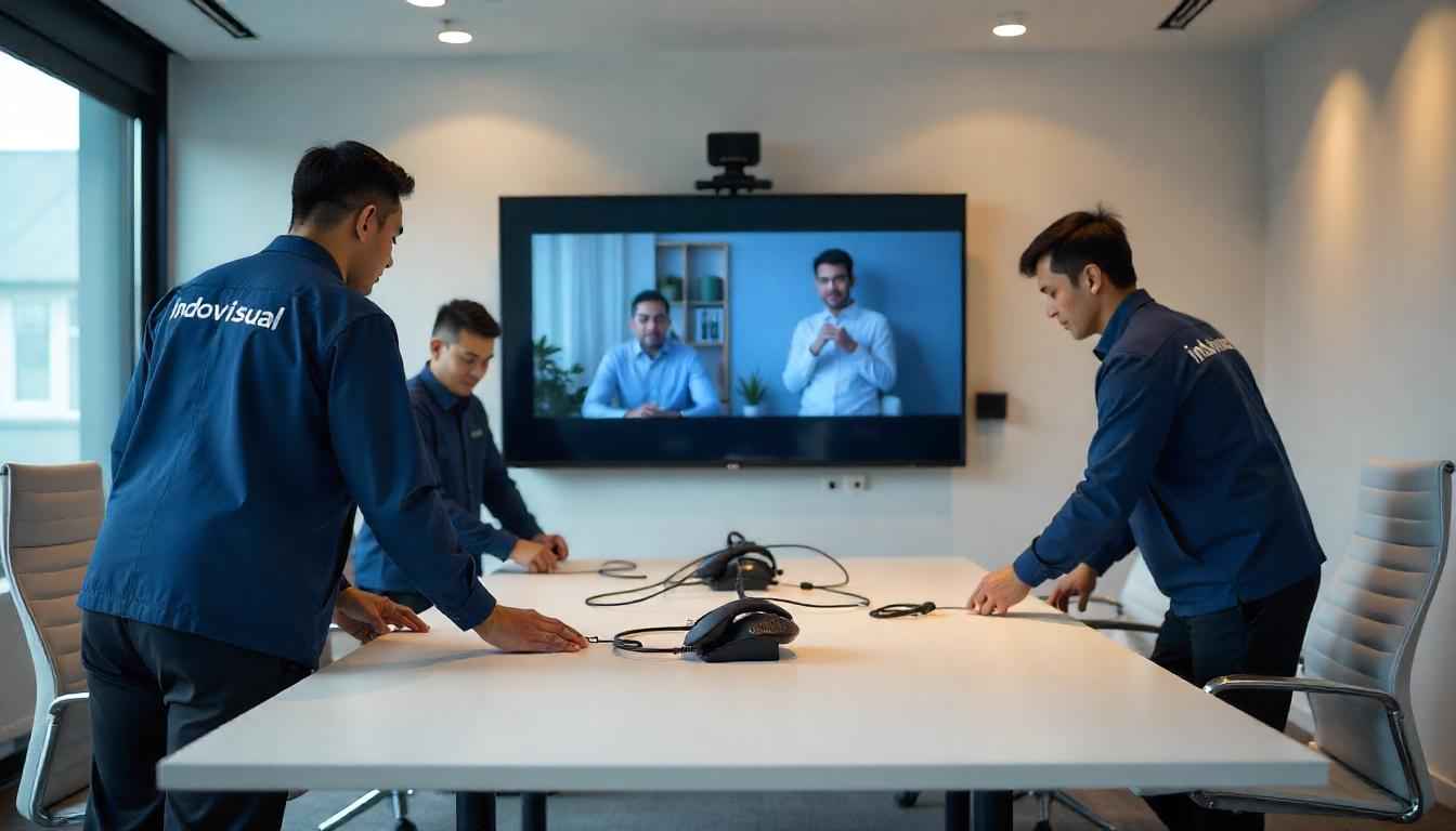 Team Indovisual sedang Melakukan Instalasi Paket Peralatan Zoom Meeting di Sebuah Ruang Rapat