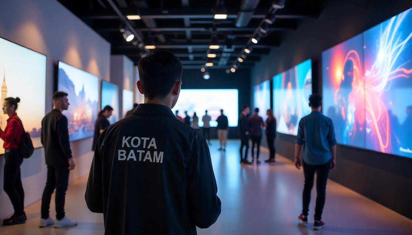Seorang Pria dari Pemerintahan Kota Batam sedang Berada di Sebuah Showroom Videotron dan Sedang Melihat Pameran Videotron di Kota Batam