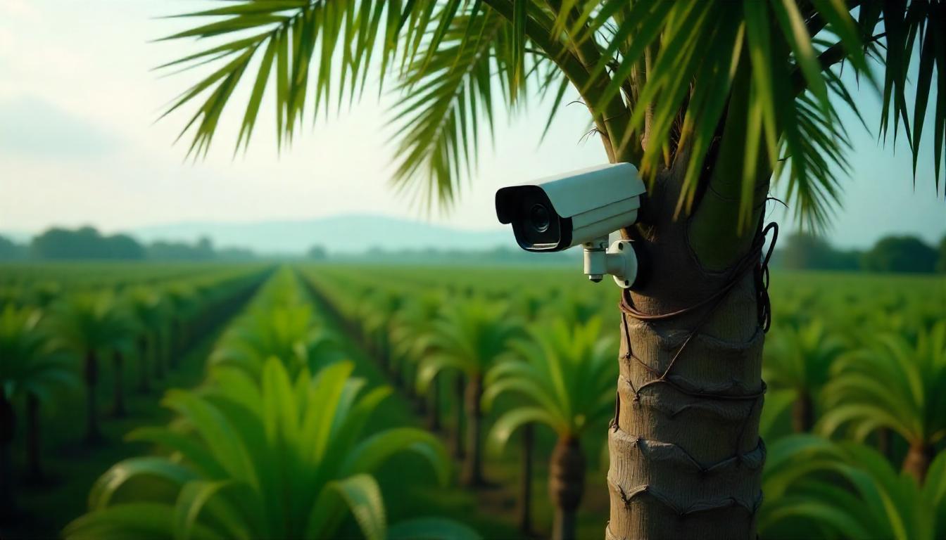 Kamera AI Pengawas Kebun Sawit Terpasang pada Pohon Sawit Imitasi yang Sangat Mirip dengan Aslinya