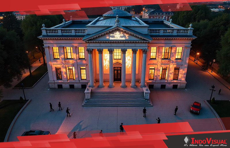 Proses Pengaplikasian Video Mapping Gedung oleh Team Indovisual dengan Pengambilan Gambar dari Drone View