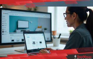 Seorang Wanita sedang Membrowsing Screen Projector E Katalog di Website Inaproc untuk Memilih Produk Terbaik yang Ber-TKDN