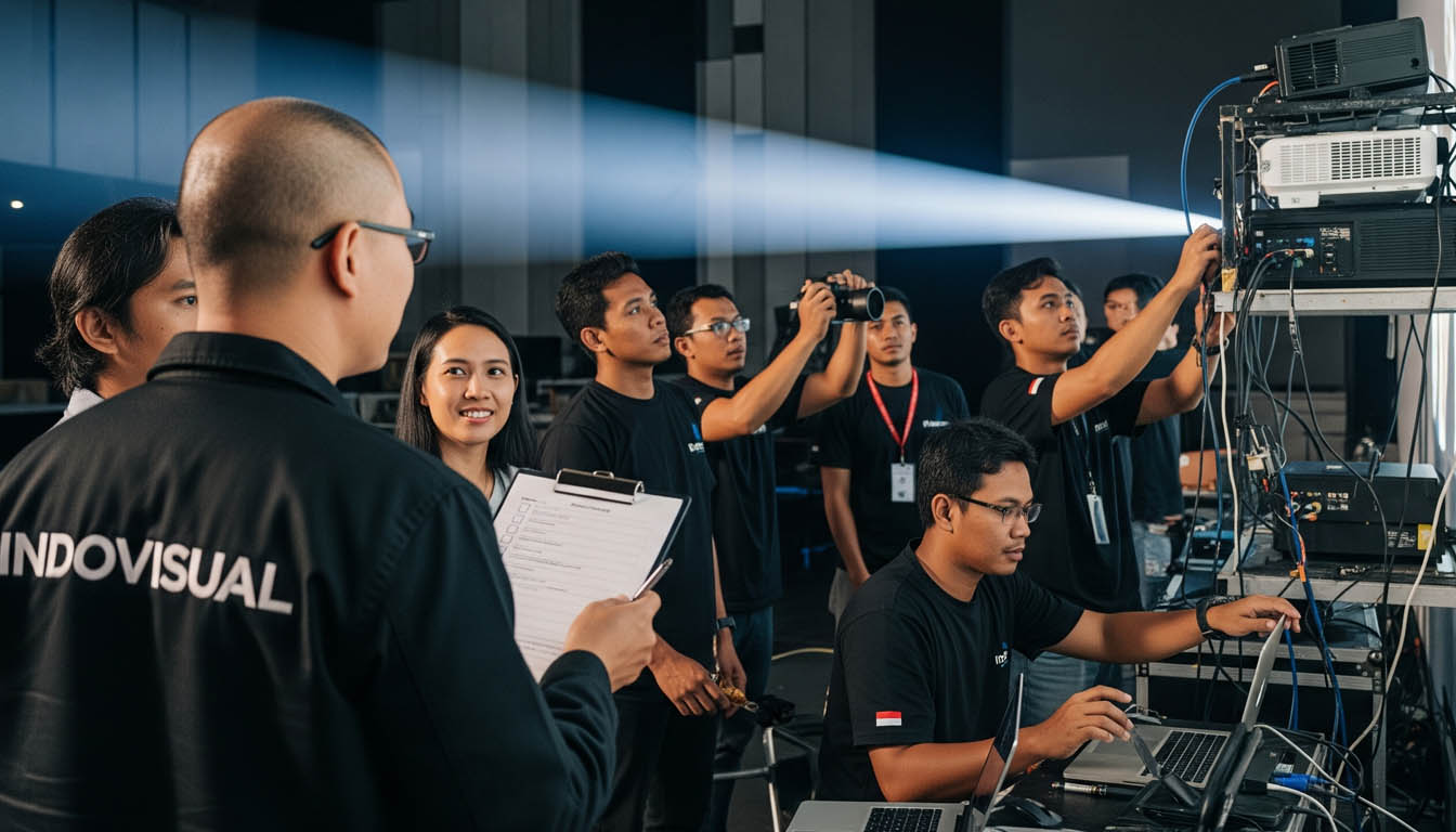 Proses Pengecekan Instalasi Proyektor untuk Kebutuhan Video Mapping oleh Team Indovisual sebagai Komitmen Profesionalitas Pengerjaan