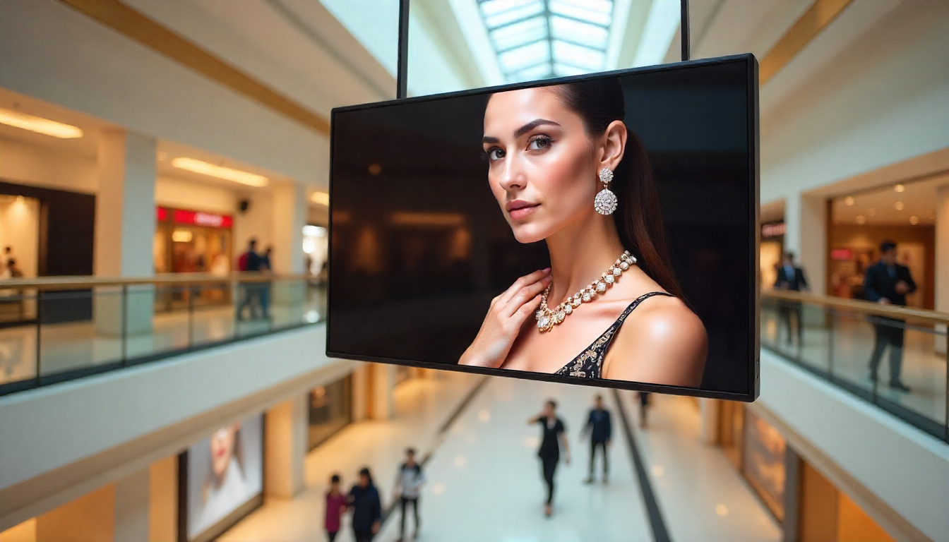 Monitor Signage Tipe Gantung di Sebuah Mall akan Menarik Perhatian karena Penempatannya yang Berbeda dari Montior Biasanya