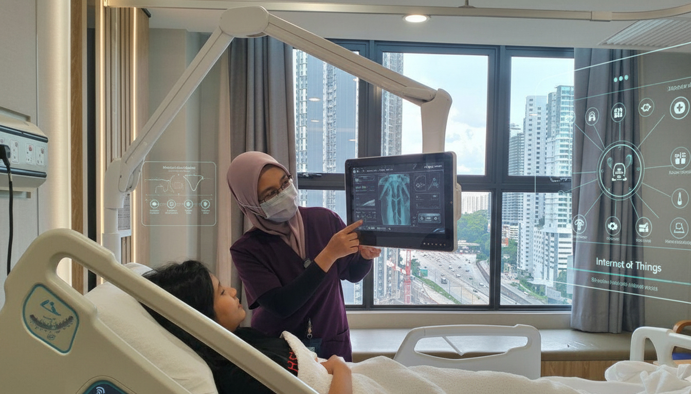 Seorang Wanita di Smart Bed Rumah Sakit dengan Seorang Dokter yang Menjelaskan Kondisi Pasien secara Mendetail