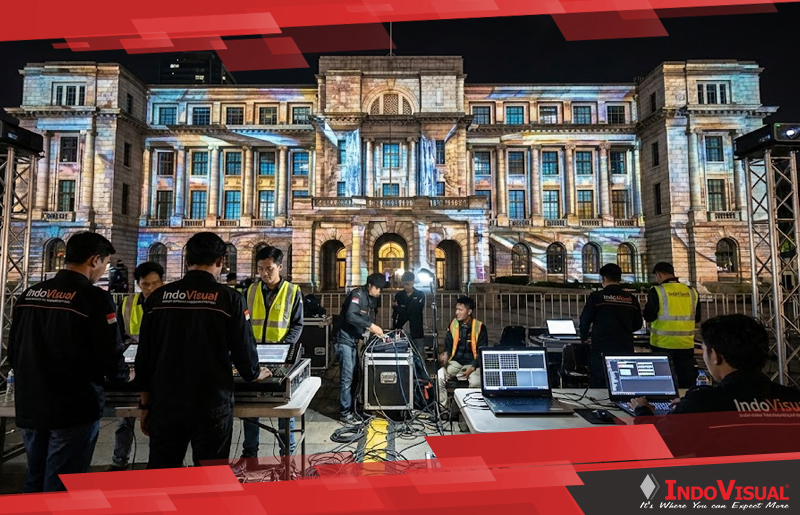 Pengerjaan 3D Mapping Light Show oleh Team Indovisual