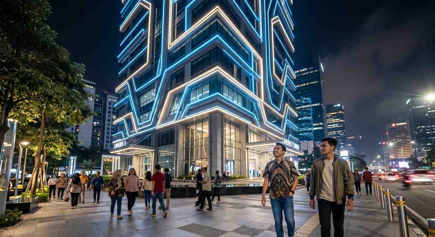 Contour Flood Lighting dengan Linear Lighting yang Imersif pada Sebuah Dinding Bangunan