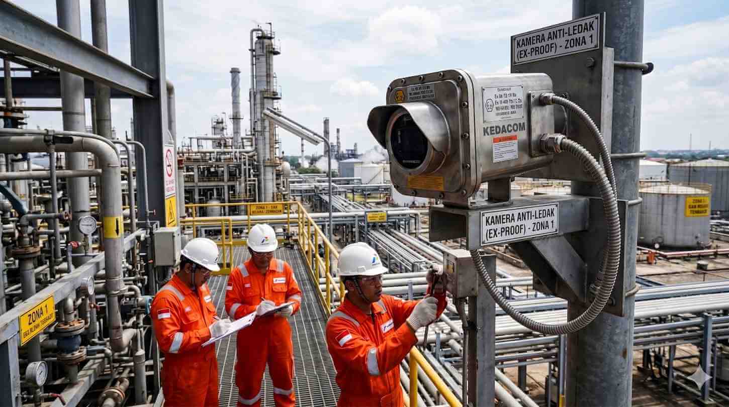 Industrial Monitor Camera Tipe Explosion-Proof Camera (Kamera Anti-Ledakan) yang Dipasang di Sebuah Area Tambang Minyak