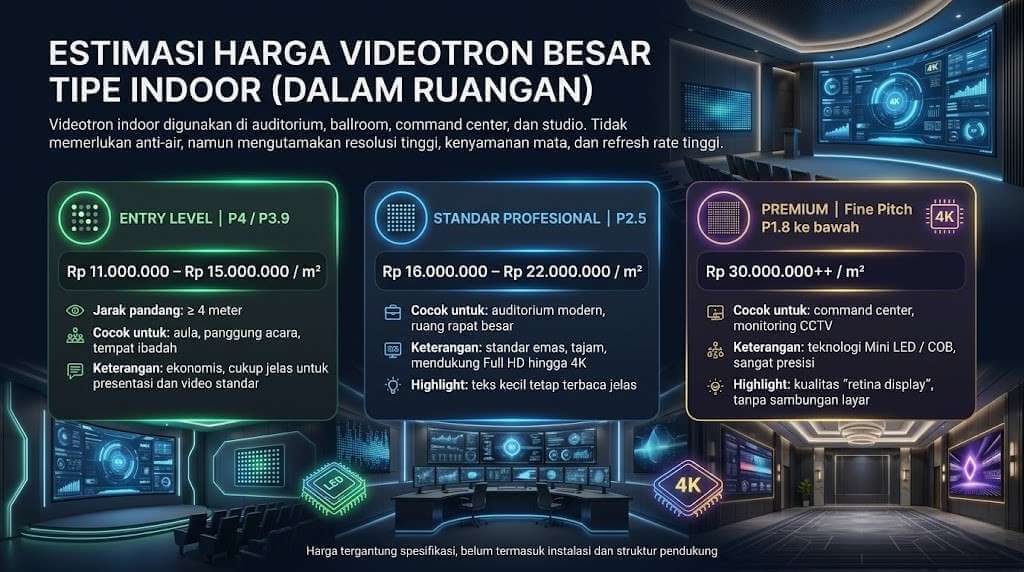 Tabel Lengkap Estimasi Harga Videotron Tipe Indoor yang Memang Lebih Mahal Karena Membutuhkan TitikTitik Pitch Videotron yang Lebih Rapat
