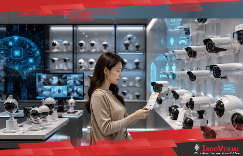 Seorang Wanit sedang Mengecek Harga Kamera CCTV AI yang sangat Bervariasi karena Tergantung pada Spesifikasi dan Fiturnya