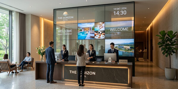 Video Wall Hotel yang Menerapkan Videotron Transparan di Lobby Hotel untuk Menciptakan Efek Tirai Megah yang Unik